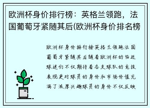欧洲杯身价排行榜：英格兰领跑，法国葡萄牙紧随其后(欧洲杯身价排名榜)