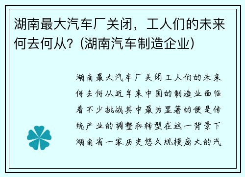 湖南最大汽车厂关闭，工人们的未来何去何从？(湖南汽车制造企业)